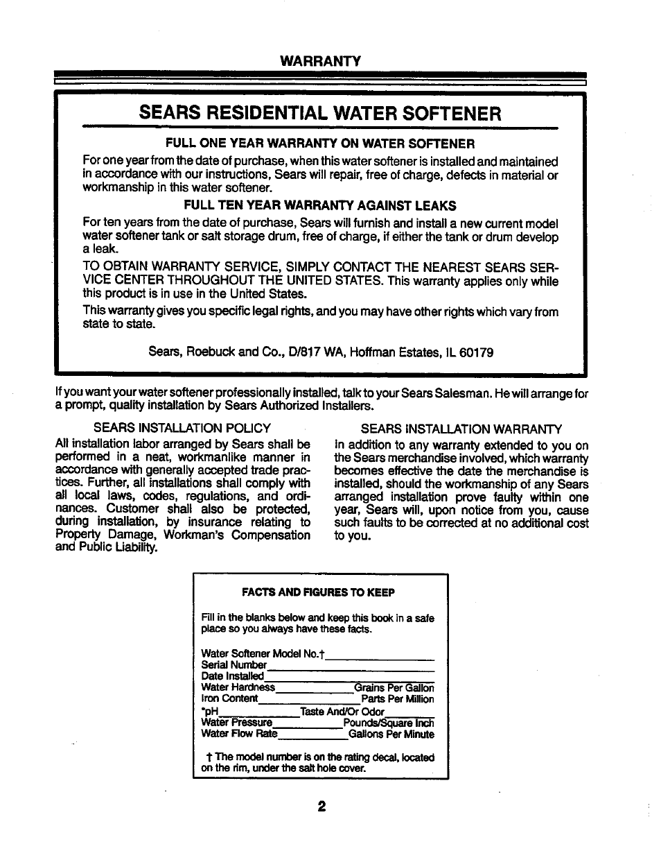 Warranty, Sears residential water softener | Kenmore 625.34846 User Manual | Page 2 / 32