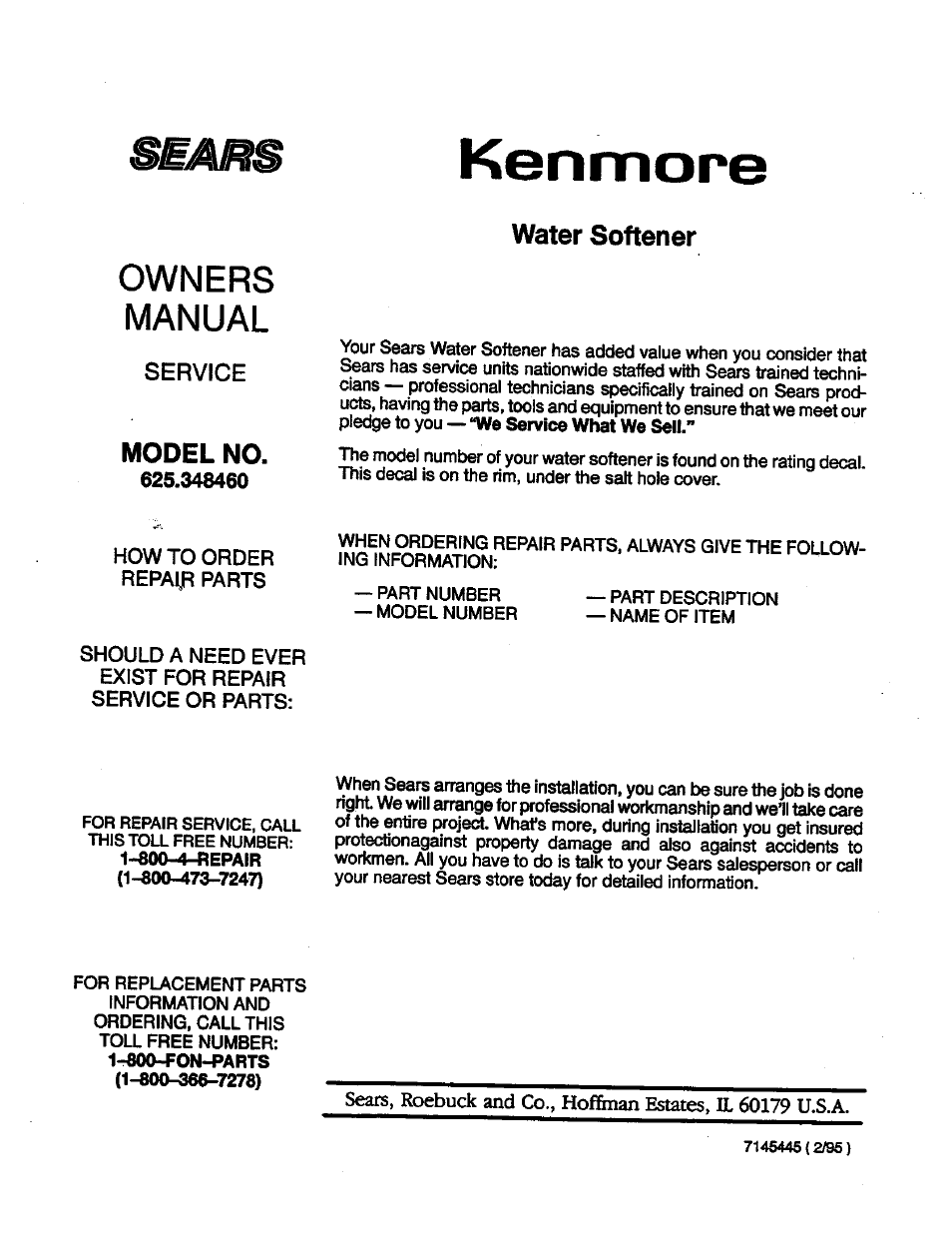 Kenmore, Owners manual, Water softener | Model no, Service | Kenmore 625.34846 User Manual | Page 32 / 32