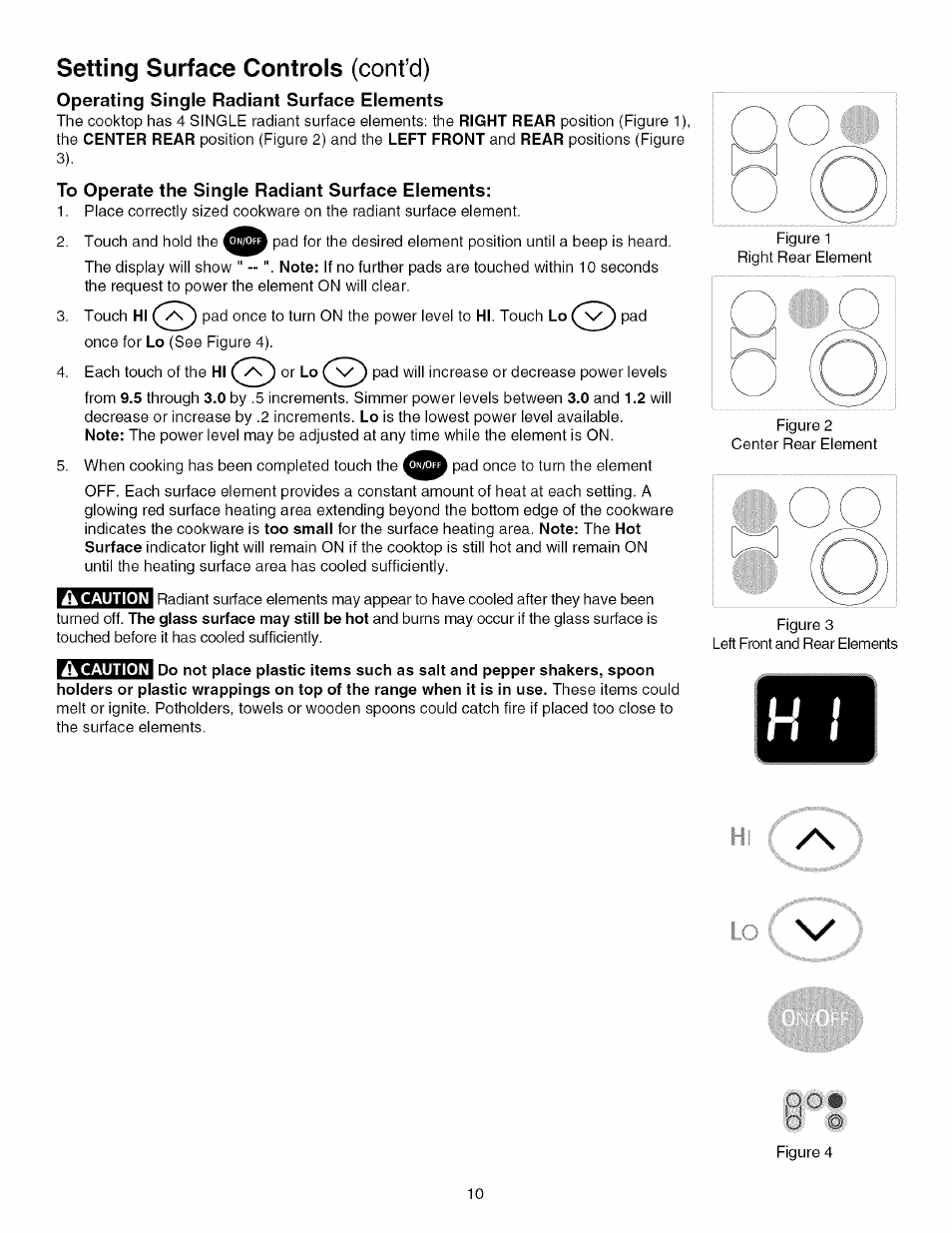 Operating single radiant surface elements, To operate the single radiant surface elements, Â caution | Setting surface controls (cont’d) | Kenmore 790.4672 User Manual | Page 10 / 48