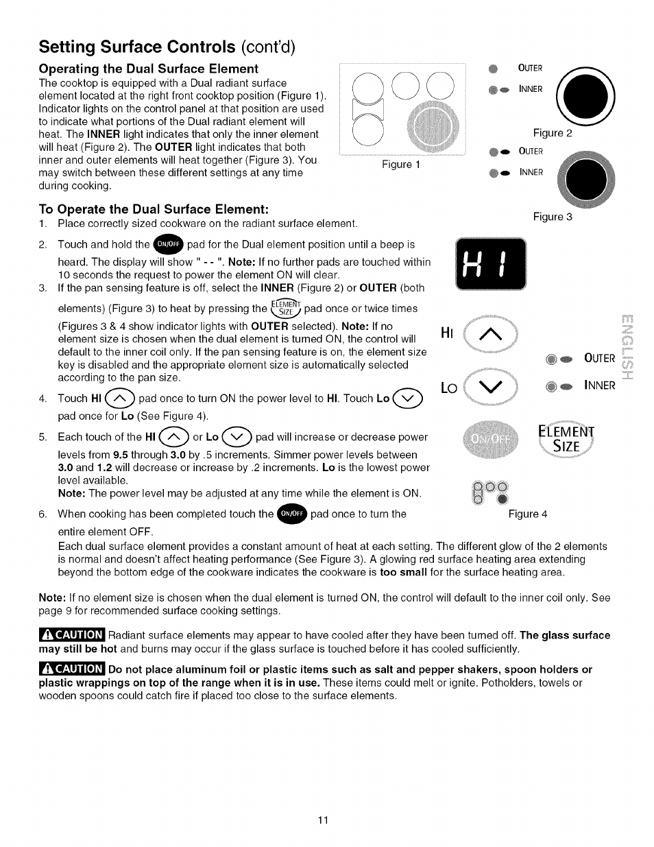 Operating the dual surface element, To operate the dual surface element, Â caution | A caution, Setting surface controls (cont’d) | Kenmore 790.4672 User Manual | Page 11 / 48