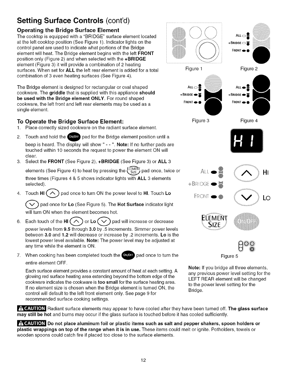 Operating the bridge surface element, To operate the bridge surface element, V' lo | Setting surface controls (cont’d) | Kenmore 790.4672 User Manual | Page 12 / 48