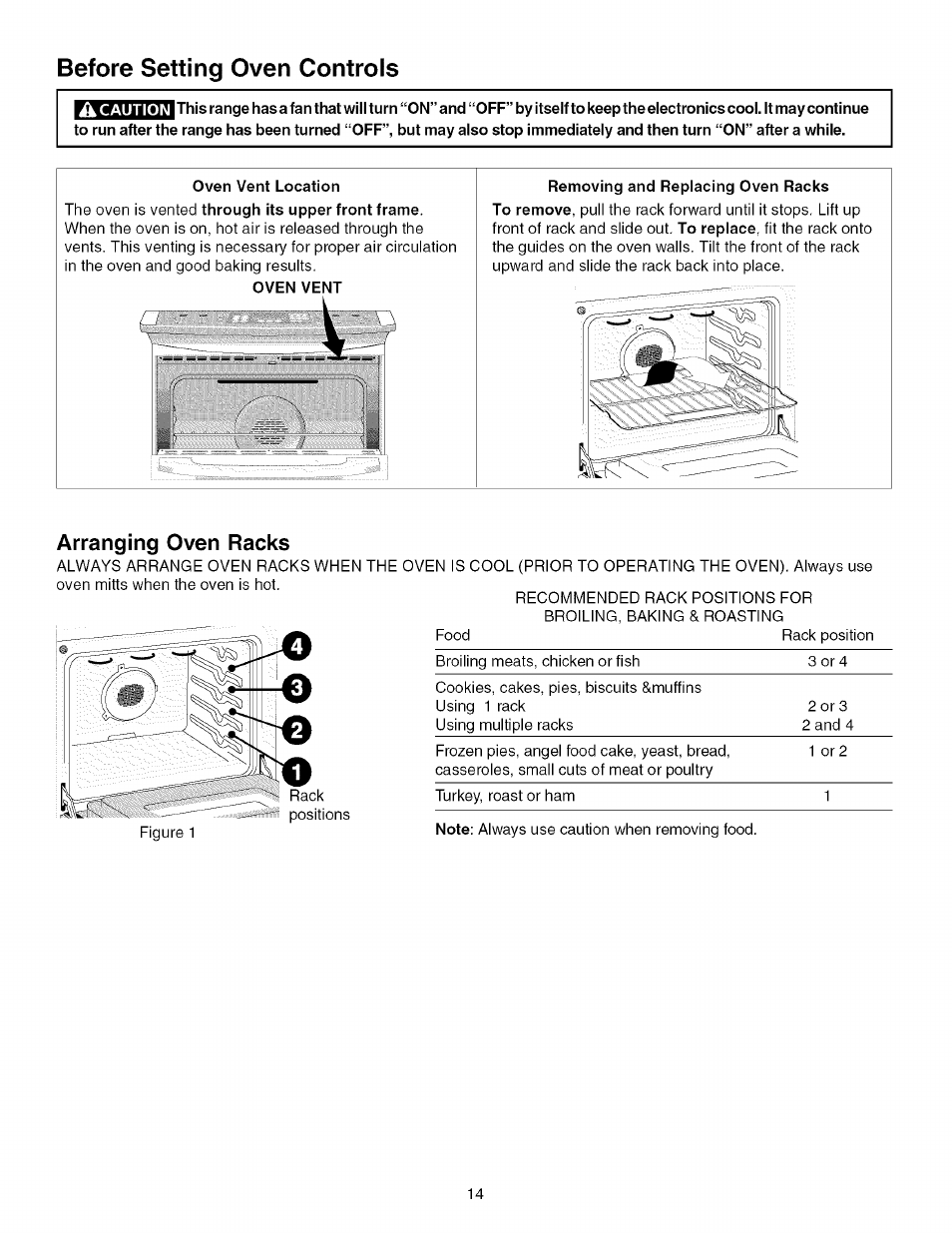 A caution, Oven vent location, Oven vent | Removing and replacing oven racks, Before setting oven controls | Kenmore 790.4672 User Manual | Page 14 / 48