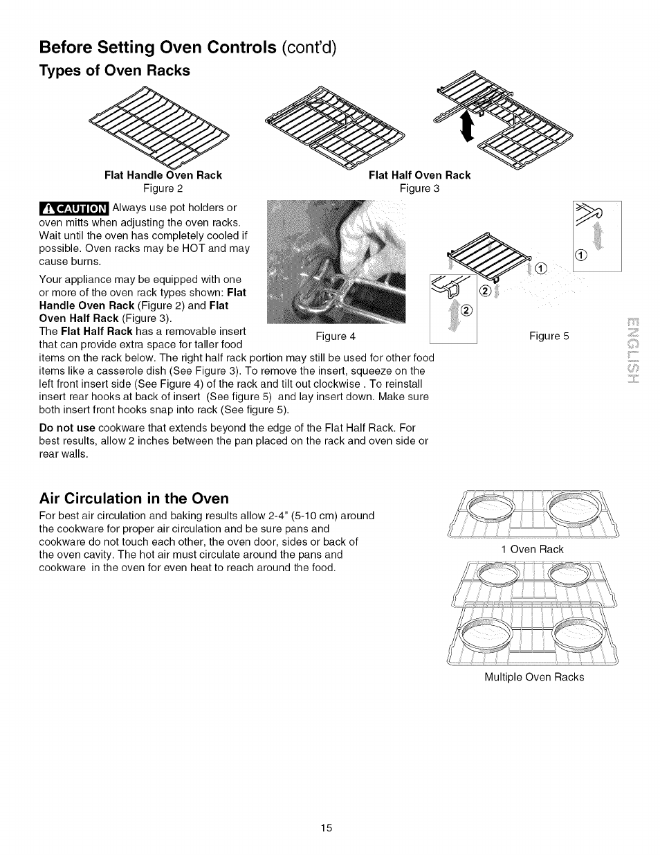 Before setting oven controls (cont’d), Flat half oven rack, A caution | Before setting the oven controls -15, Types of oven racks, Air circulation in the oven | Kenmore 790.4672 User Manual | Page 15 / 48