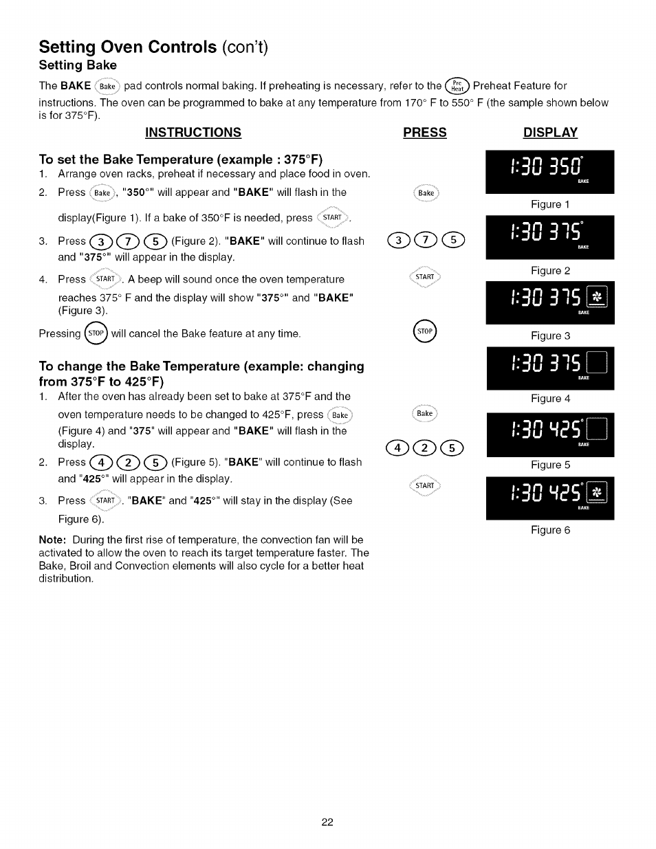 Instructions press display, To set the bake temperature (example : 375°f), I .‘30 315 s | U“cd lu, Setting oven controls (con’t) | Kenmore 790.4672 User Manual | Page 22 / 48