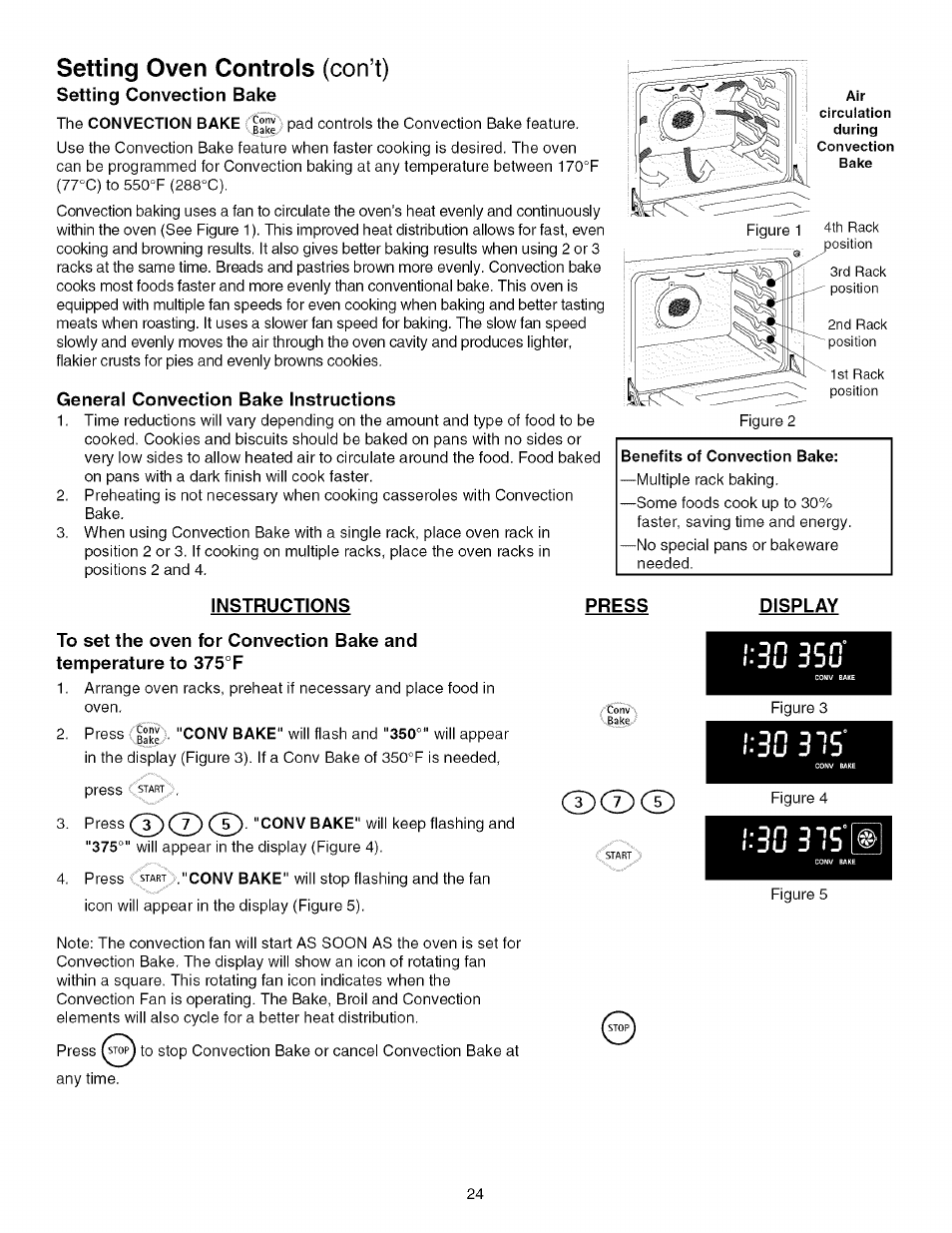 General convection bake instructions, Instructions, Press | Display, L■•30 3^5, L:30 335, Setting oven controls (con’t) | Kenmore 790.4672 User Manual | Page 24 / 48