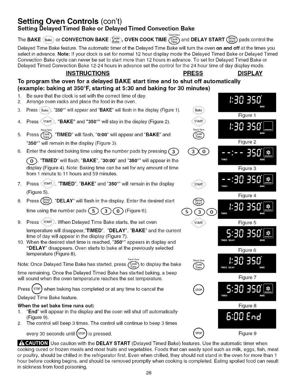 Instructions press display, I-'30 350, When the set bake time runs out | I‘30 350, S'30 350, 00 end, 3u 350, Setting oven controls (con’t) | Kenmore 790.4672 User Manual | Page 28 / 48