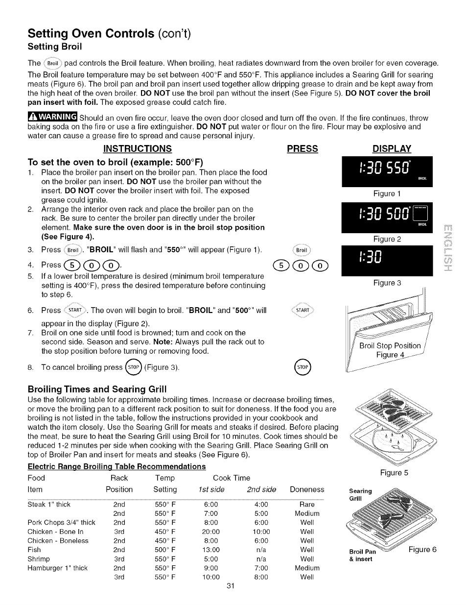 Instructions press display, To set the oven to broil (example: 500°f), Broiling times and searing grill | Setting oven controls (con’t), Lou juu, Oce), Setting broil | Kenmore 790.4672 User Manual | Page 31 / 48