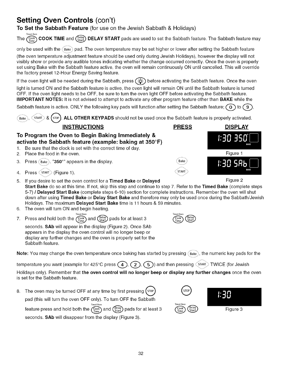 Setting oven controls (con’t), Instructions, Press | Display, 30 srb | Kenmore 790.4672 User Manual | Page 32 / 48