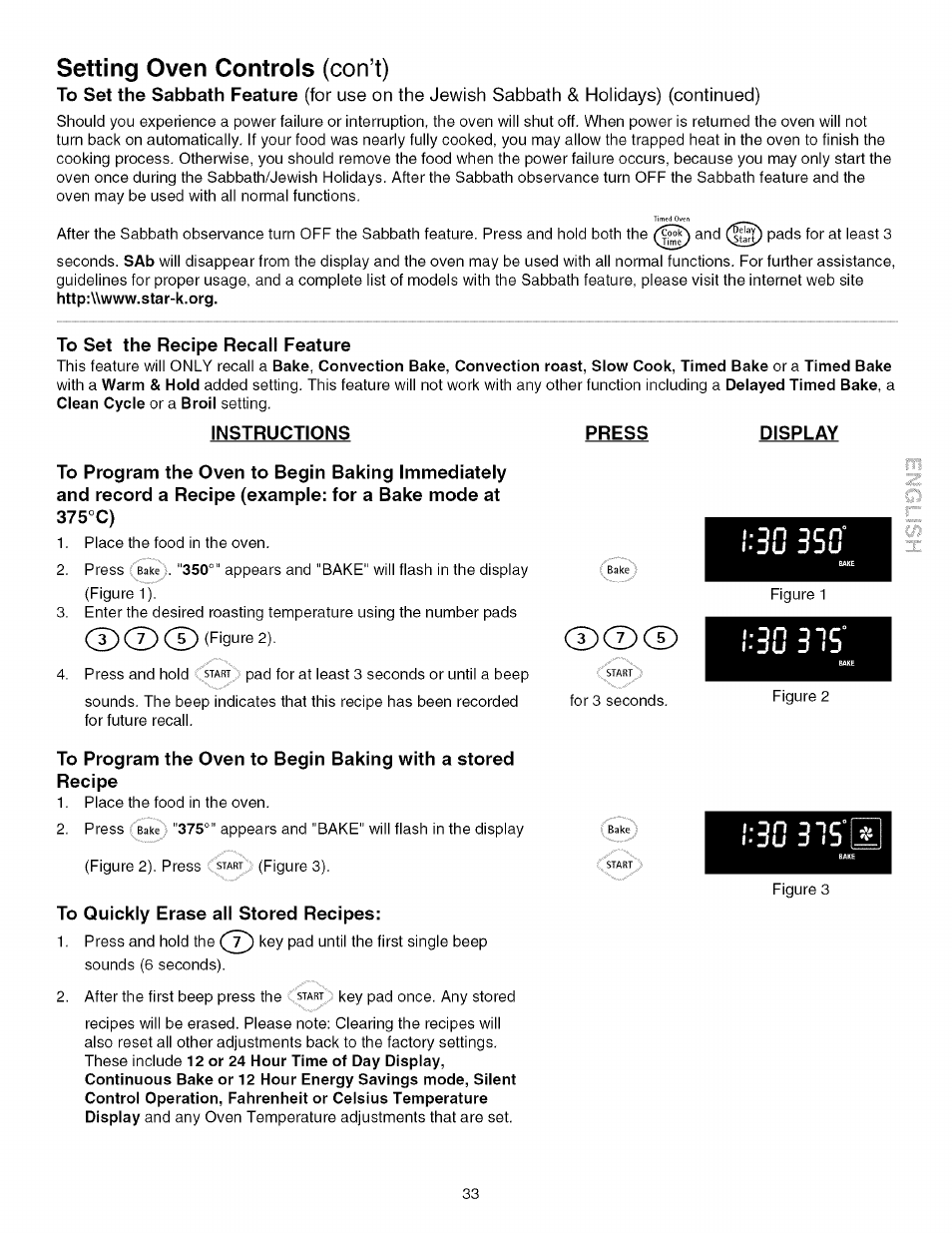 To set the recipe recall feature, Instructions, To quickly erase all stored recipes | Press, Display, L:30 315‘[i, Setting oven controls (con’t) | Kenmore 790.4672 User Manual | Page 33 / 48