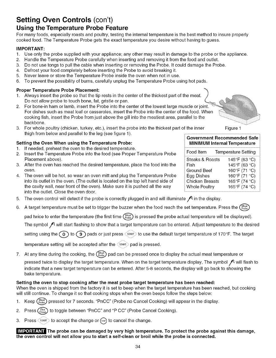 Important, Proper temperature probe placement, Setting the oven when using the temperature probe | Setting oven controls (con’t), Using the temperature probe feature | Kenmore 790.4672 User Manual | Page 34 / 48