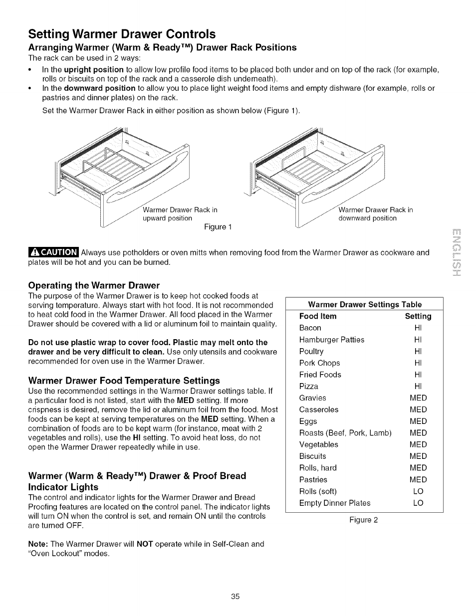 Operating the warmer drawer, Warmer drawer food temperature settings, Setting warmer drawer controls | Kenmore 790.4672 User Manual | Page 35 / 48