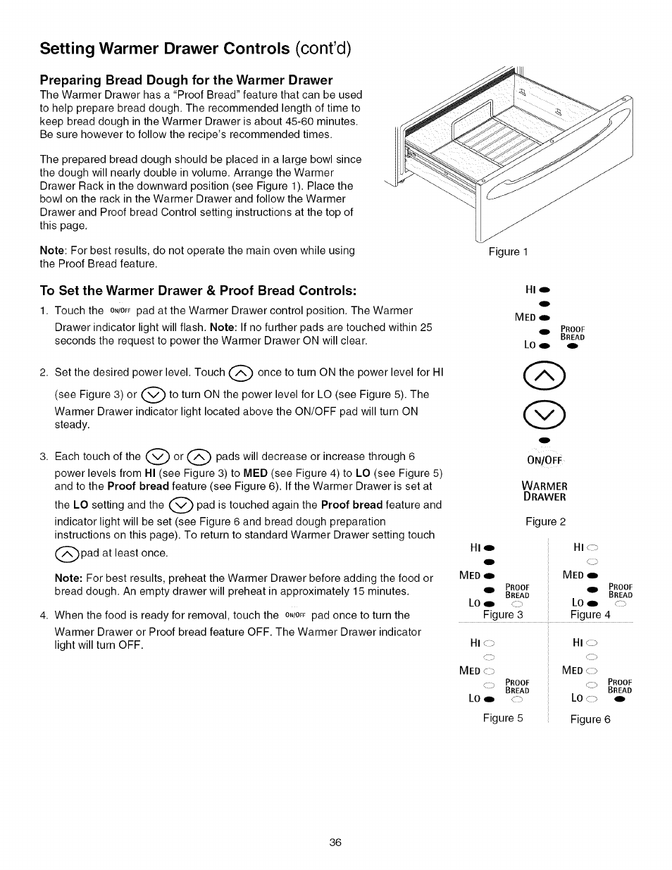 Setting warmer drawer controls (cont’d), Preparing bread dough for the warmer drawer, To set the warmer drawer & proof bread controls | Setting warmer drawer controls -36 | Kenmore 790.4672 User Manual | Page 36 / 48