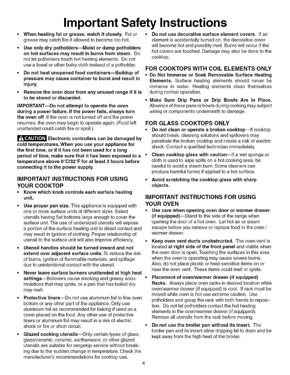 Important instructions for using your cooktop, For cooktops with coil elements only, For glass cooktops only | Important instructions for using your oven, Important safety instructions | Kenmore 790.4672 User Manual | Page 4 / 48