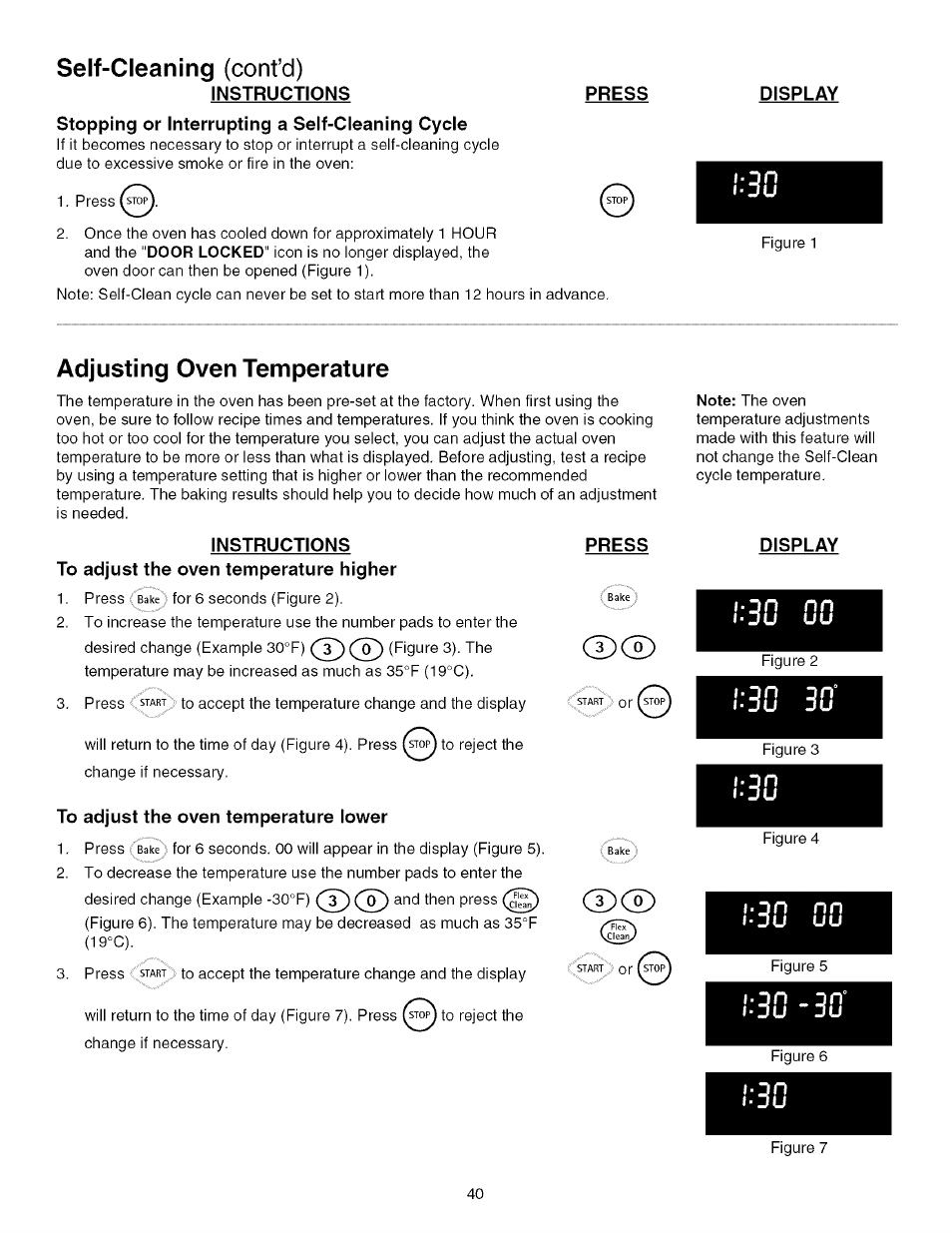 Self-cleaning (cont’d), Instructions, Stopping or interrupting a self-cleaning cycle | Adjusting oven temperature, To adjust the oven temperature higher, To adjust the oven temperature lower, Press, Display, L‘3u “30, Adjusting the oven temperature | Kenmore 790.4672 User Manual | Page 40 / 48