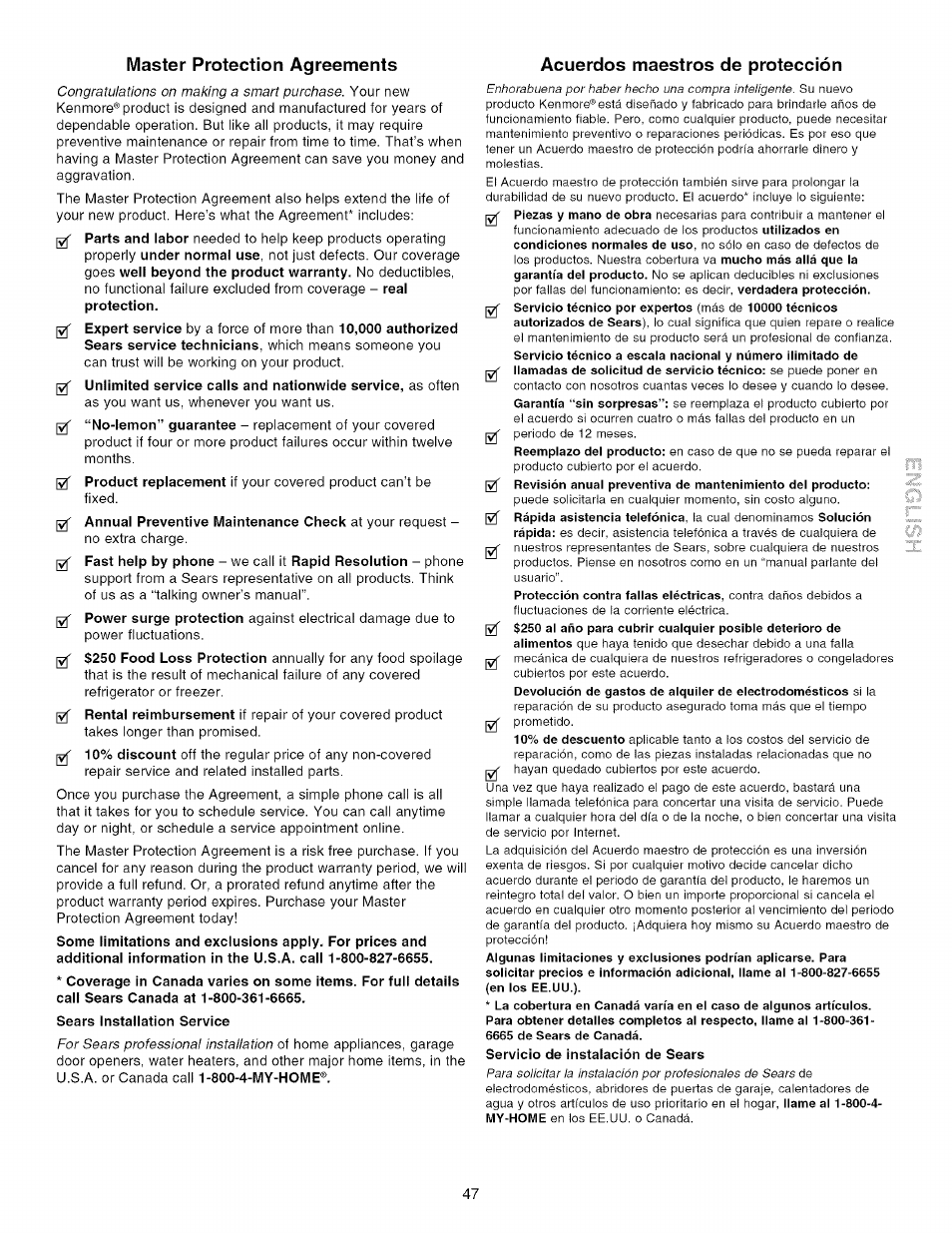 Master protection agreements, Sears installation service, Acuerdos maestros de protección | Protection agreements | Kenmore 790.4672 User Manual | Page 47 / 48