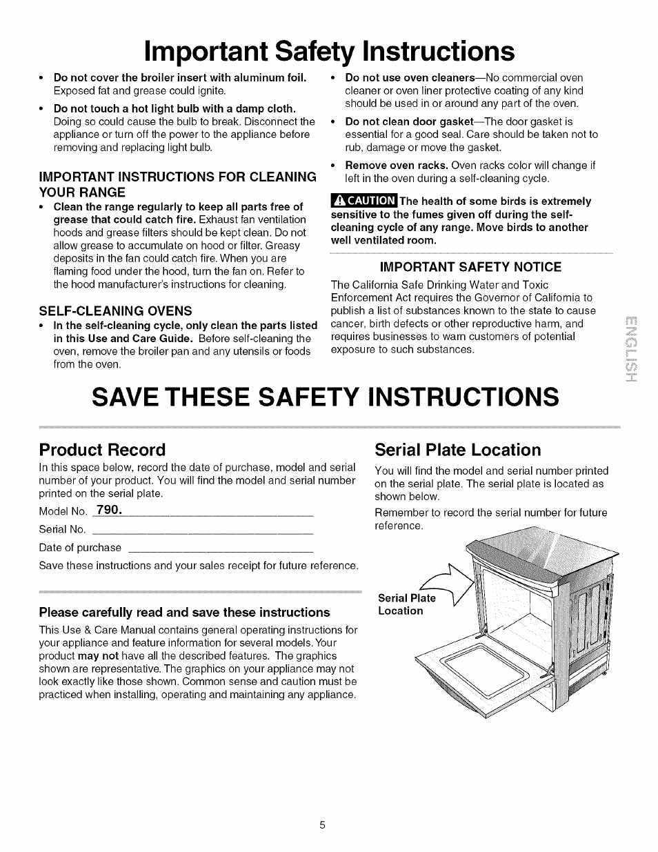 Do not cover the broiler insert with aluminum foil, Important instructions for cleaning your range, Self-cleaning ovens | Important safety notice, Save these safety instructions, Product record, Please carefully read and save these instructions, Important safety instructions, Serial plate location | Kenmore 790.4672 User Manual | Page 5 / 48