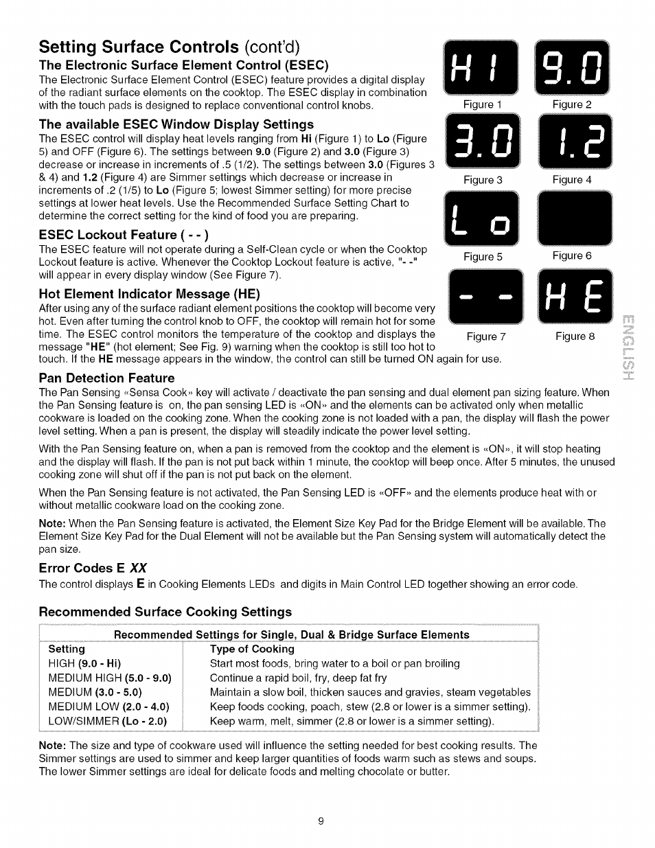 The electronic surface element control (esec), The available esec window display settings, Esec lockout feature (- -) | Hot element indicator message (he), Pan detection feature, Error codes e xx, Recommended surface cooking settings, Setting surface controls (confd) | Kenmore 790.4672 User Manual | Page 9 / 48