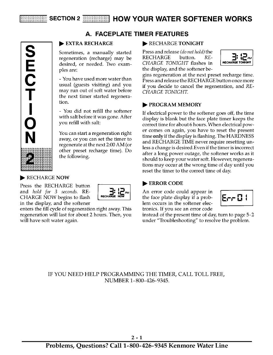 A. faceplate timer features, Extra recharge, Program memory | Error code, Faceplate timer features -1, How your water softener works | Kenmore 625.38811 User Manual | Page 10 / 32