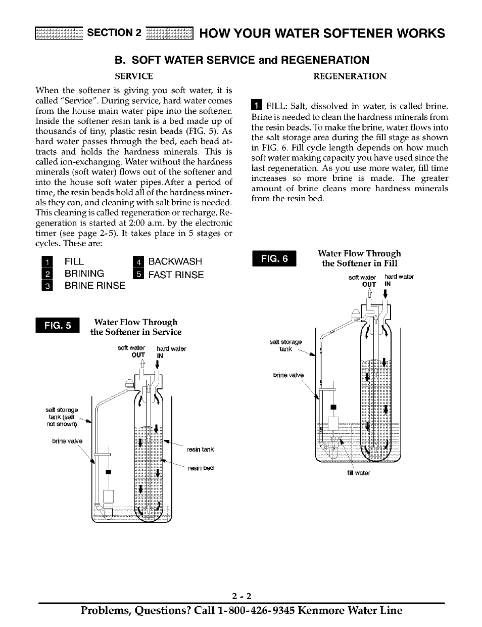 B. soft water service and regeneration, How your water softener works, Fig. 5 water flow through the softener in service | Fill brining brine rinse backwash fast rinse | Kenmore 625.38811 User Manual | Page 11 / 32