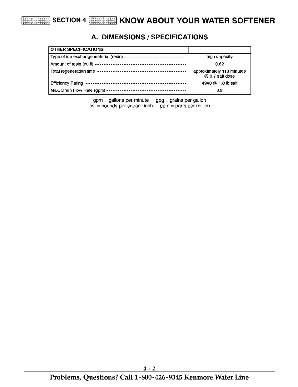 Section 4, Know about your water softener, A. dimensions / specifications | Kenmore 625.38811 User Manual | Page 19 / 32