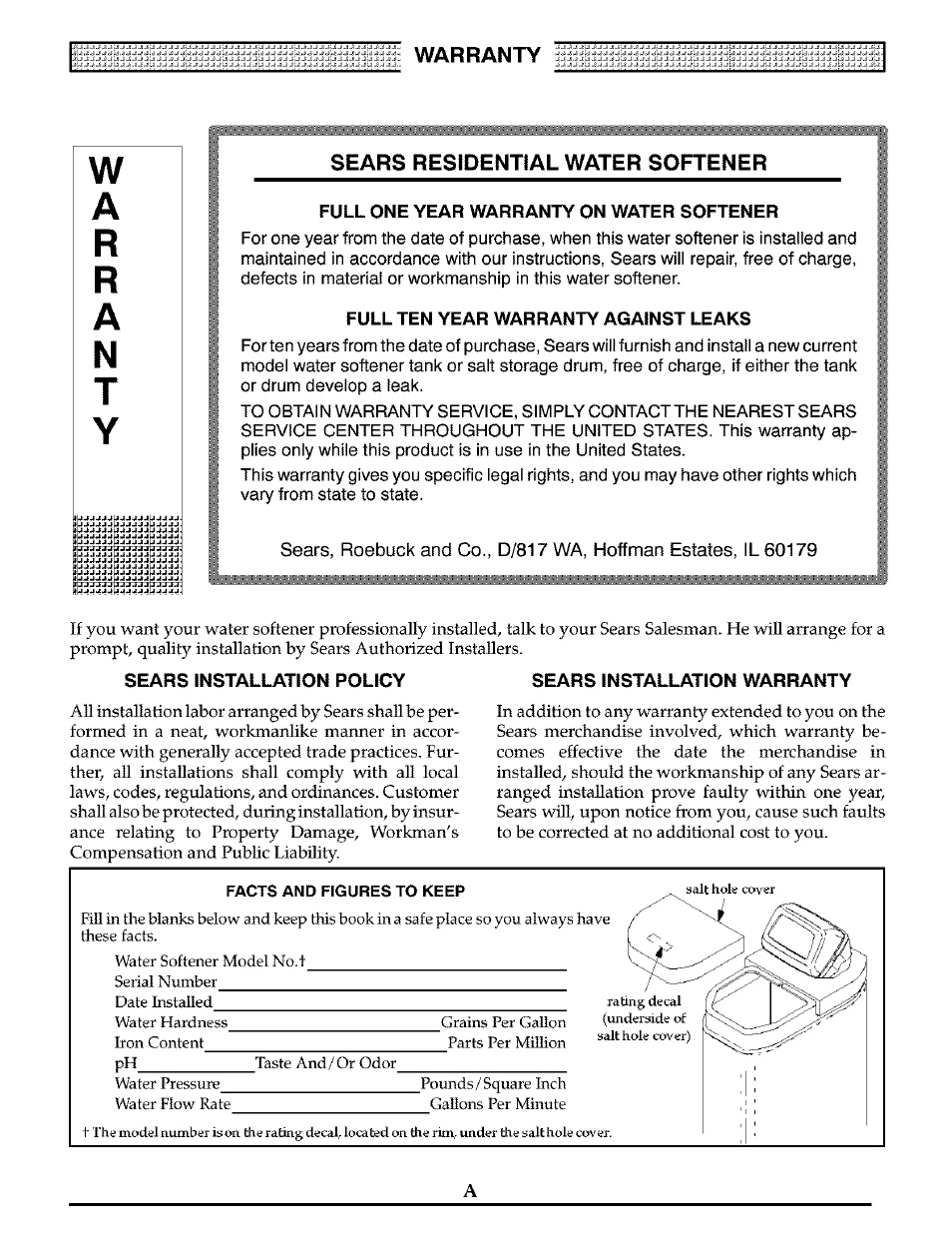 Sears residential water softener, Facts and figures to keep, R r n y | Warranty, Full one year warranty on water softener, Full ten year warranty against leaks | Kenmore 625.38811 User Manual | Page 2 / 32