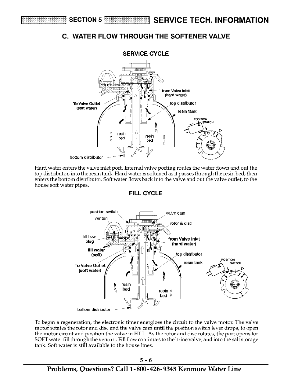 C. water flow through the softener valve, Service cycle, Fill cycle | Service tech. information | Kenmore 625.38811 User Manual | Page 25 / 32