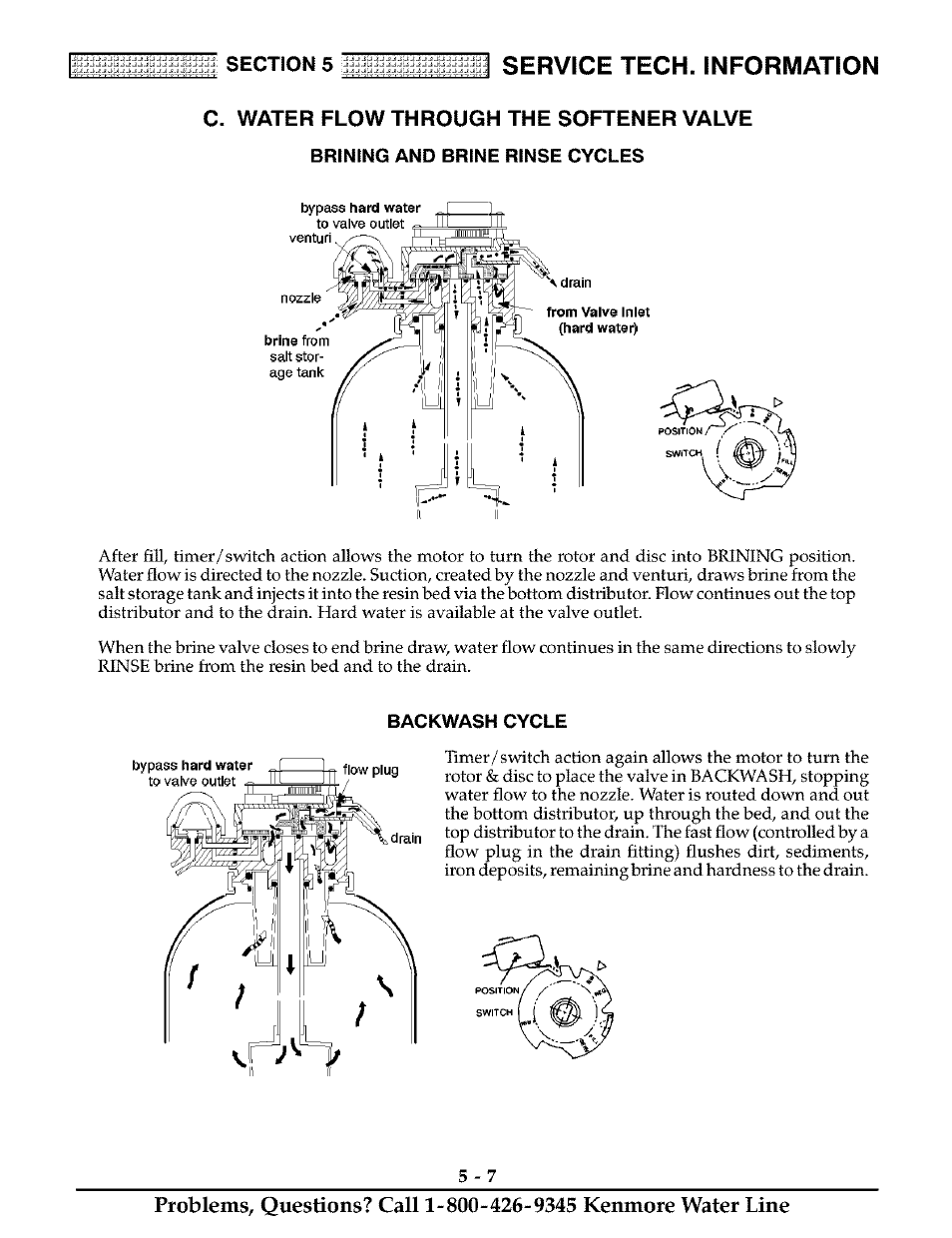 C. water flow through the softener valve, Brining and brine rinse cycles, Backwash cycle | Service tech. information | Kenmore 625.38811 User Manual | Page 26 / 32