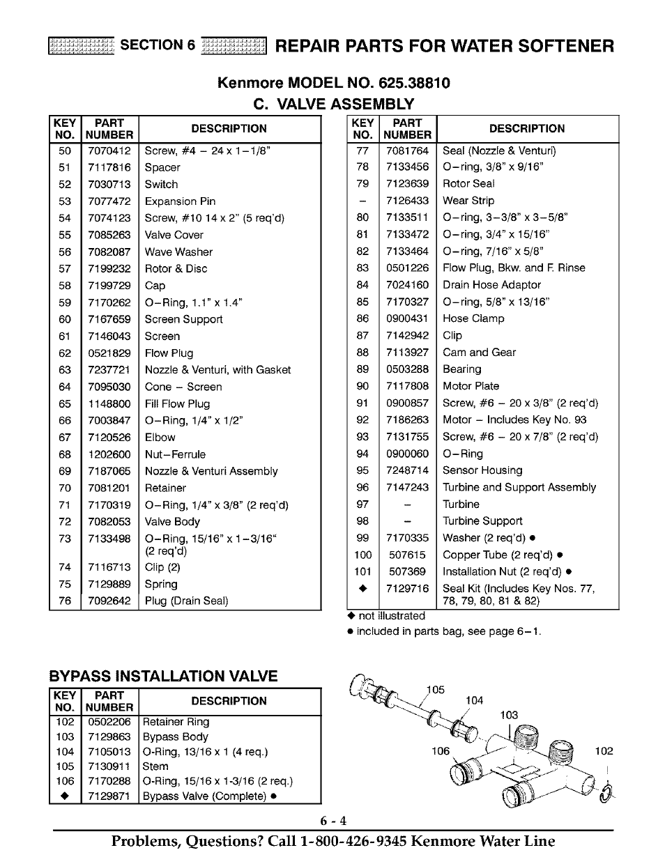 Kenmore model no. 625.38810, C. valve assembly, Bypass installation valve | Repair parts for water softener | Kenmore 625.38811 User Manual | Page 31 / 32