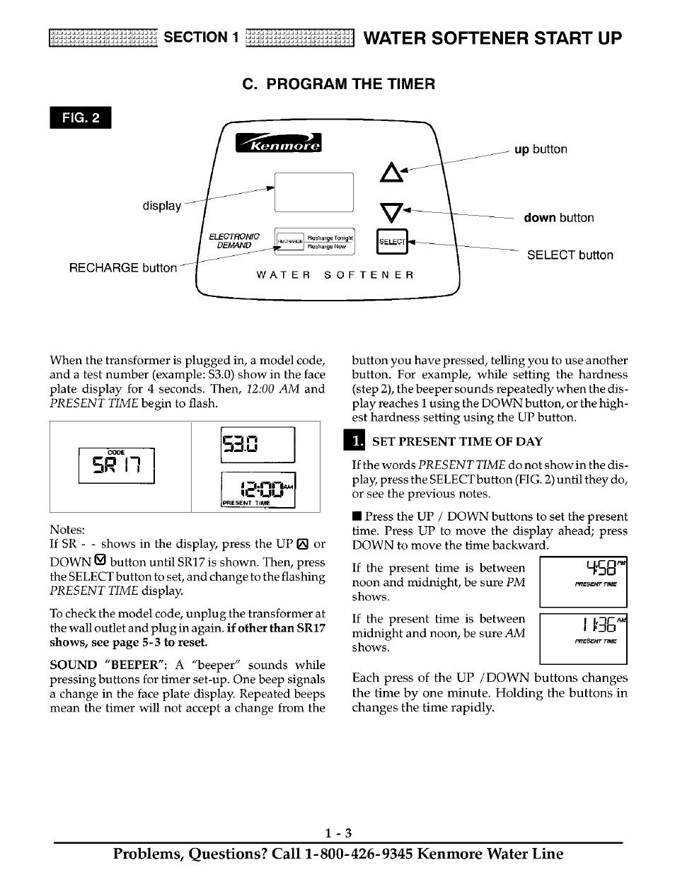 C. program the timer, Q set present time of day, Water softener start up | Kenmore 625.38811 User Manual | Page 6 / 32