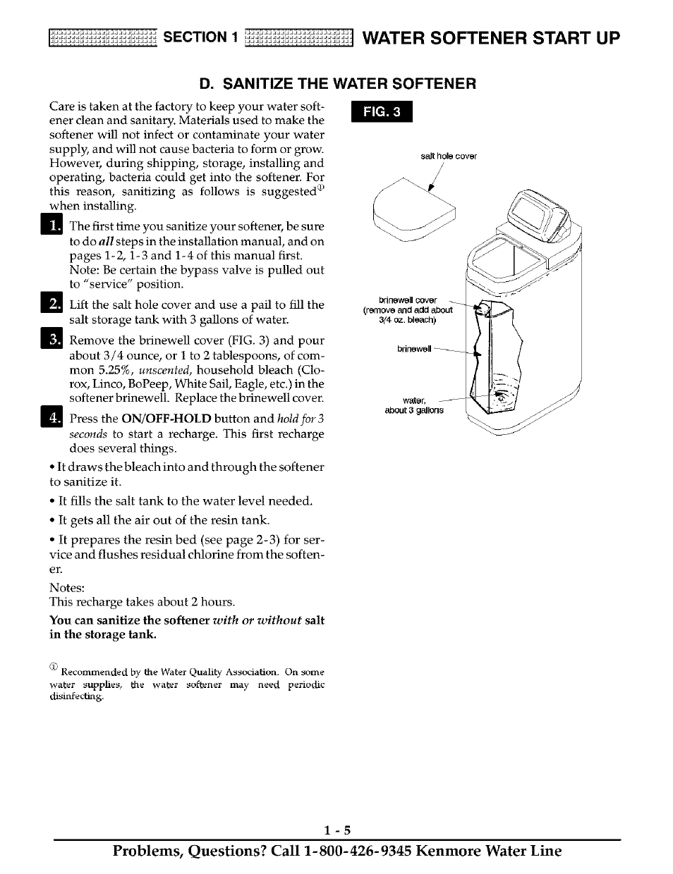 D. sanitize the water softener, Sanitizing the water softener -5, Water softener start up | Kenmore 625.38811 User Manual | Page 8 / 32