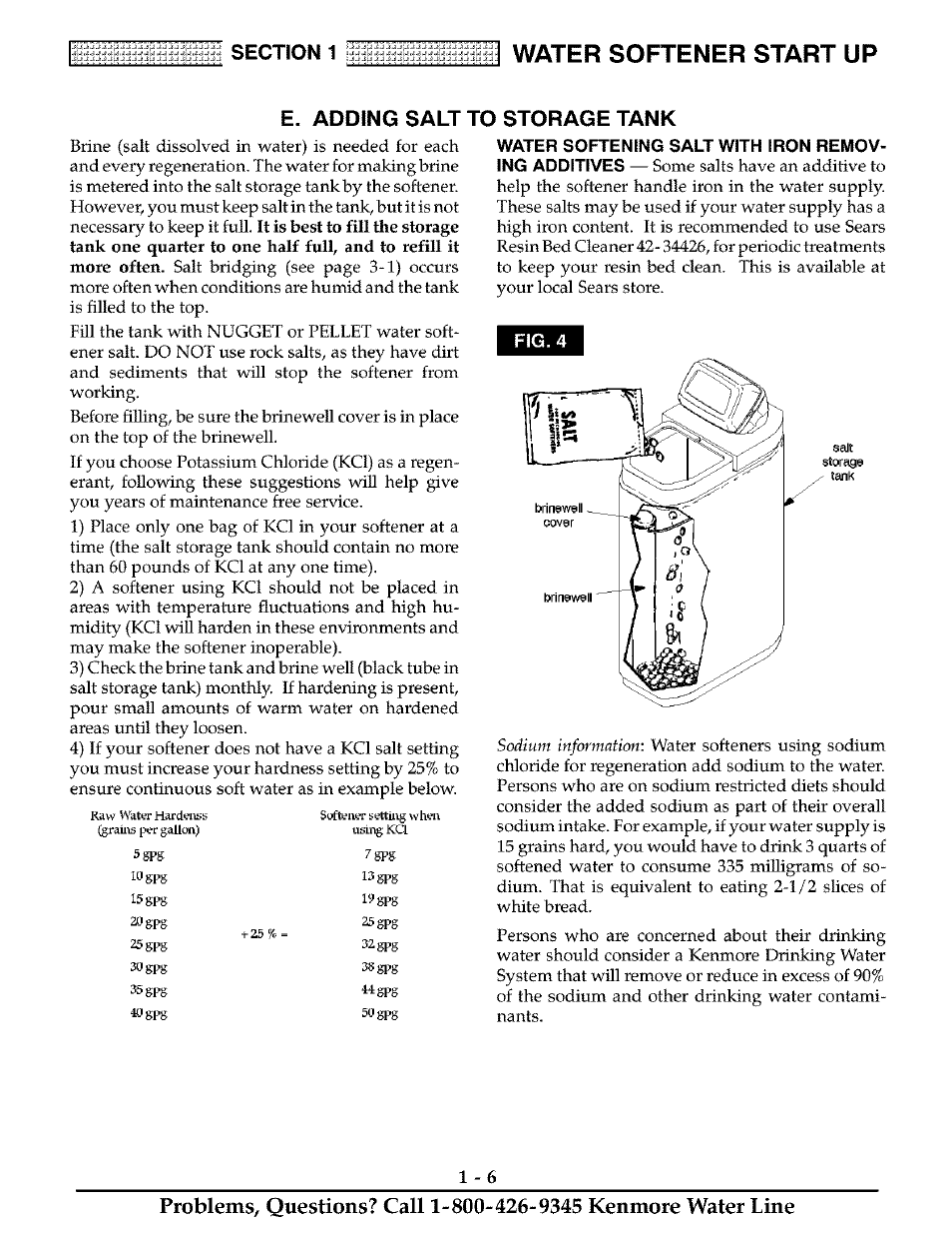 E. adding salt to storage tank, Adding salt to the storage tank -6, Water softener start up | Kenmore 625.38811 User Manual | Page 9 / 32