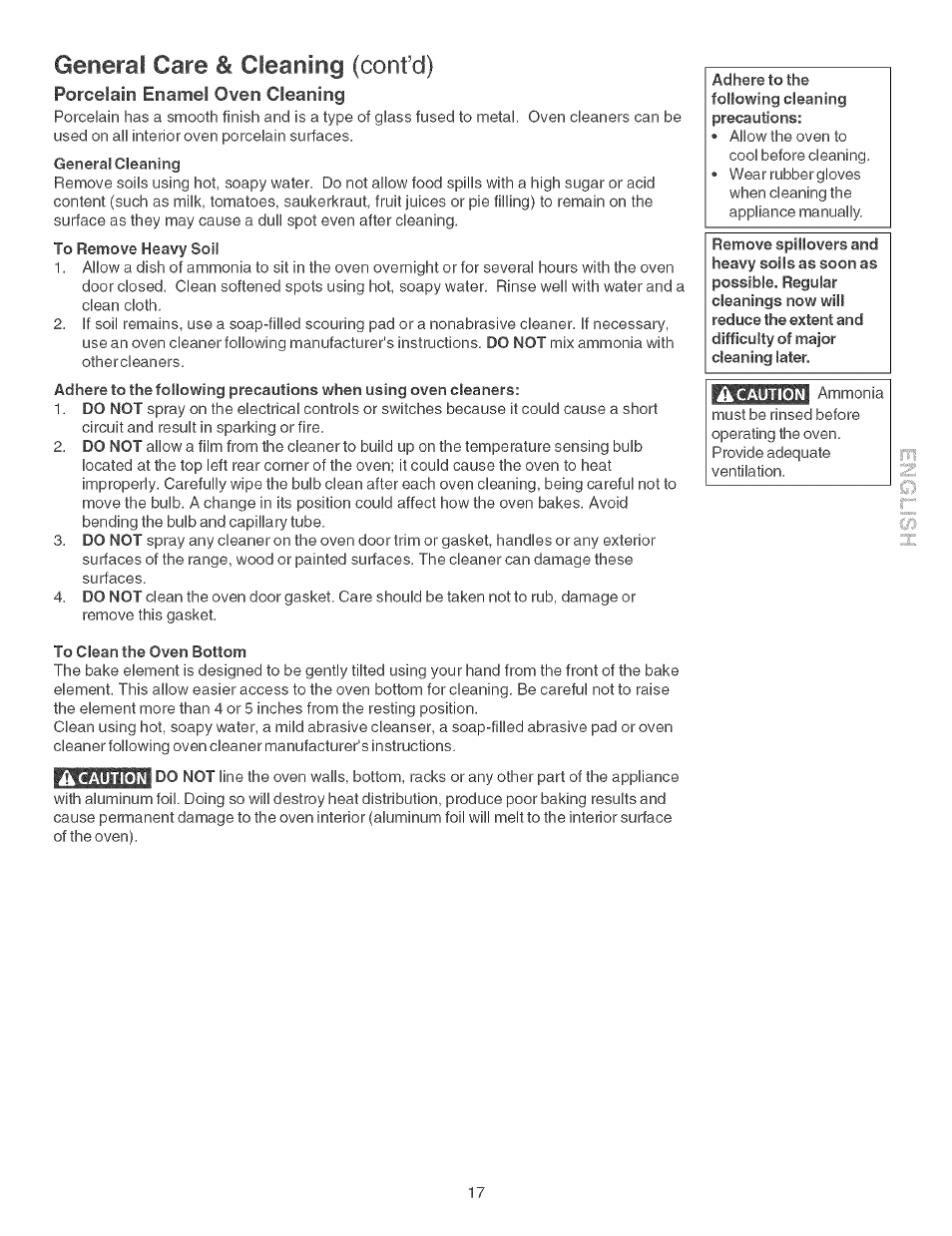 General care & cleaning (confd), Porcelain enamel oven cleaning | Kenmore 790.46268 User Manual | Page 17 / 22