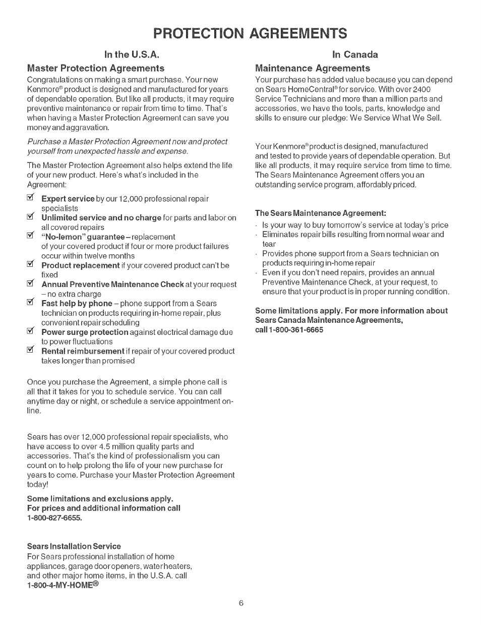 Protection agreements | Kenmore 790.46268 User Manual | Page 6 / 22