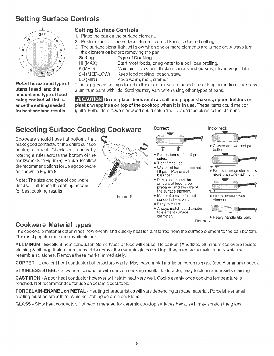 Selecting surface cooking cookware, Setting surface controls, Cookware material types | Kenmore 790.46268 User Manual | Page 8 / 22