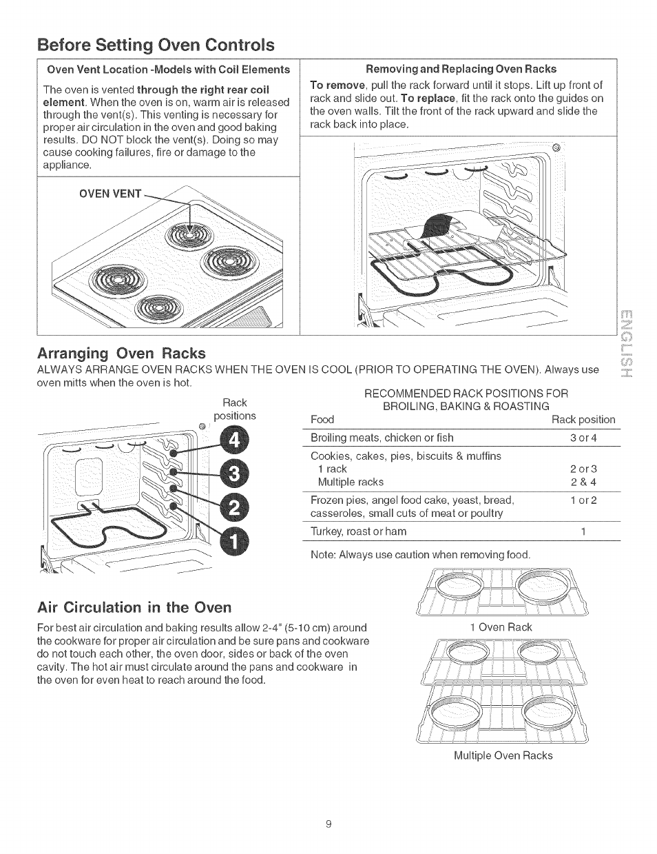 Before setting owen controls, Arranging owen racks, Air circulation in the oven | Kenmore 790.46268 User Manual | Page 9 / 22