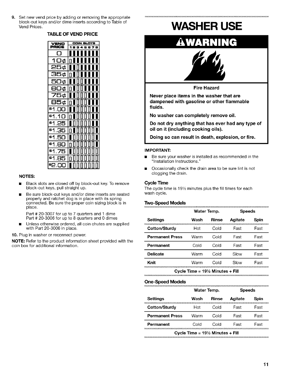 Table of vend price, Washer use, Cycle time | Two-speed models, Washer use awarning | Kenmore 3948597B User Manual | Page 11 / 16