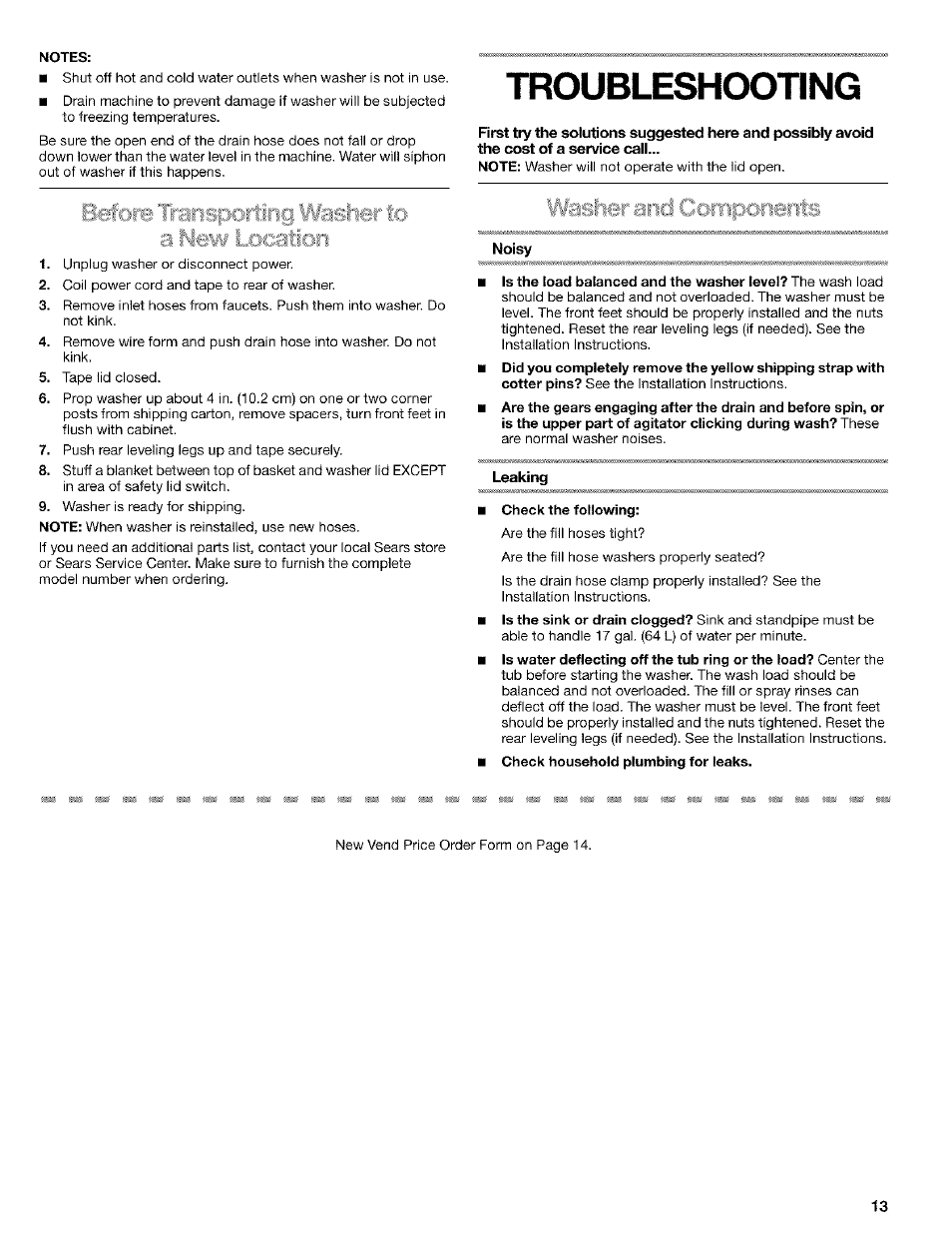 Troubleshcx)ting, Noisy, Leaking | Ffestiet 't ■■ ^■■ irierits | Kenmore 3948597B User Manual | Page 13 / 16