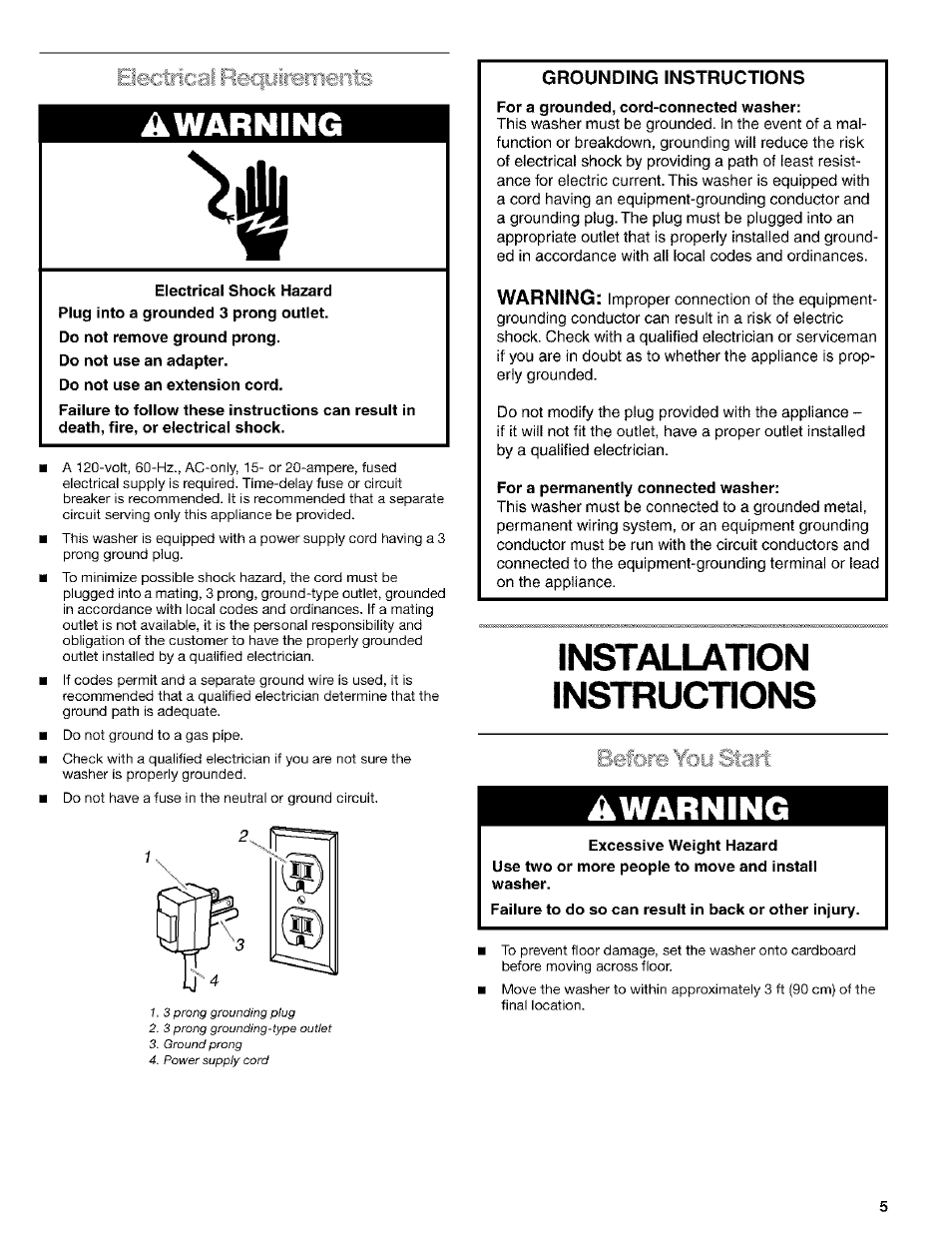 Grounding instructions, Installation, Awarning | Instructions, Electrical reqyirbnients, Before ybii start | Kenmore 3948597B User Manual | Page 5 / 16