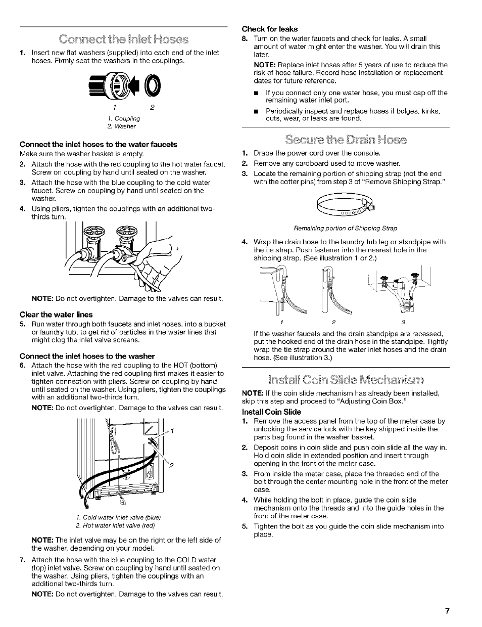 Connect the inlet hoses to the water faucets, Clear the water lines, Connect the inlet hoses to the washer | Check for leaks, Hoses | Kenmore 3948597B User Manual | Page 7 / 16