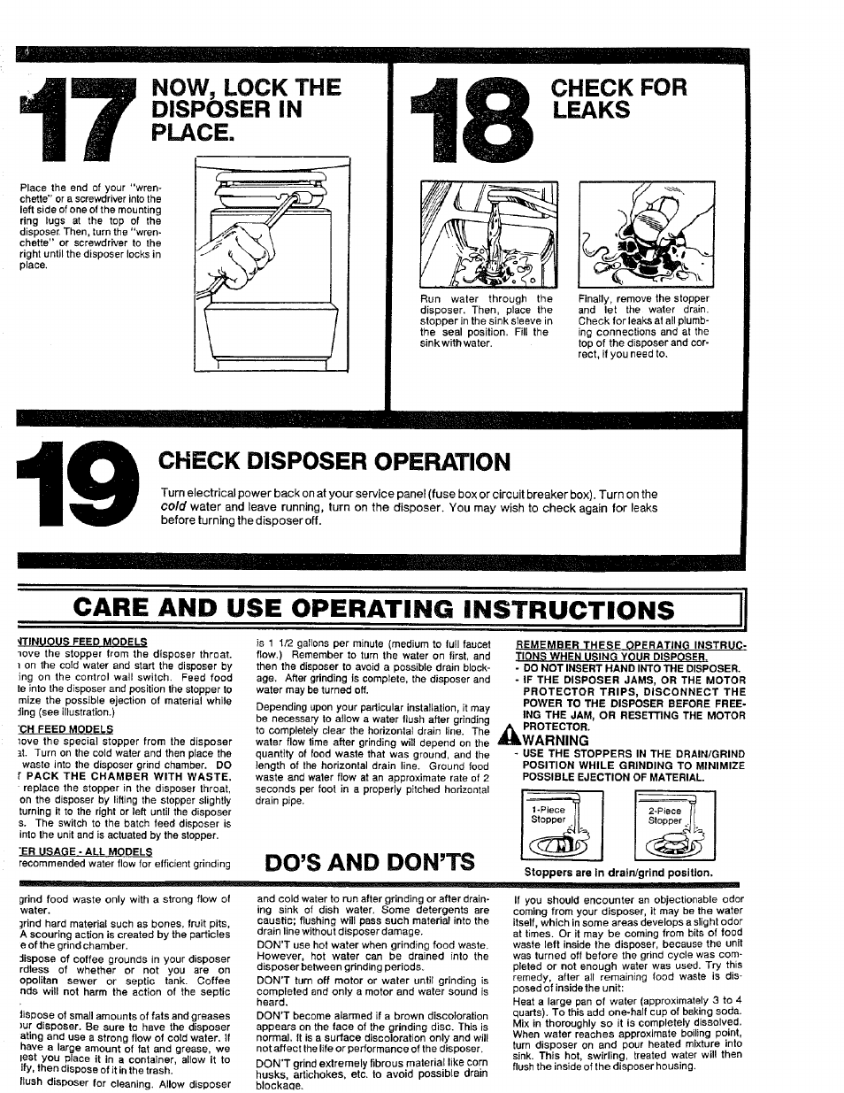 Warntng, Care and use operating instructions, Now, lock the disposer in place | Check for leaks, Check disposer operation, Do’s and don’ts | Kenmore 17568563 User Manual | Page 9 / 10