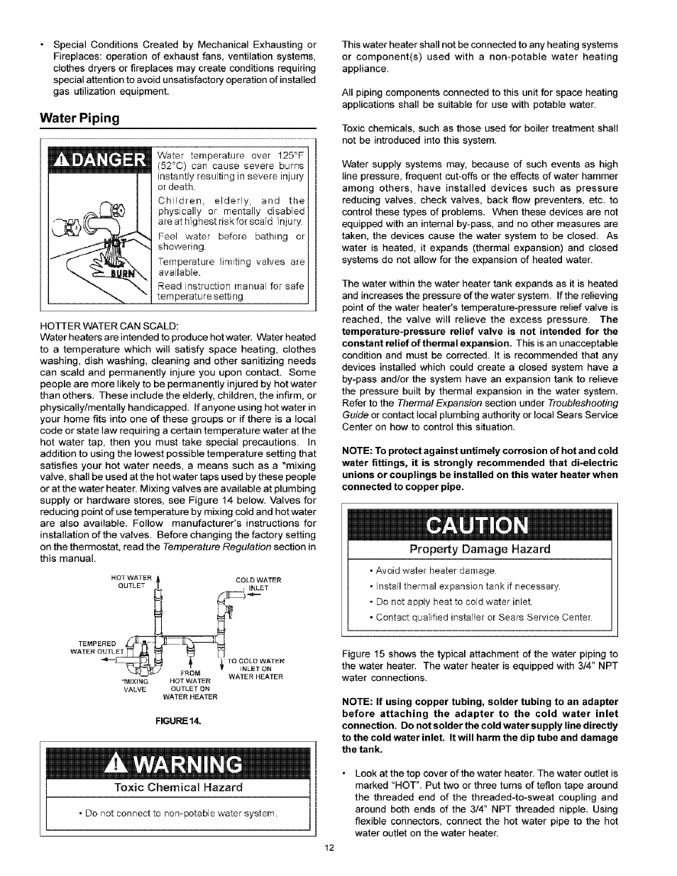 Water piping, Toxic chemical hazard, Caution | Warning, Adanger | Kenmore POWER MISER 153.33616 User Manual | Page 12 / 32