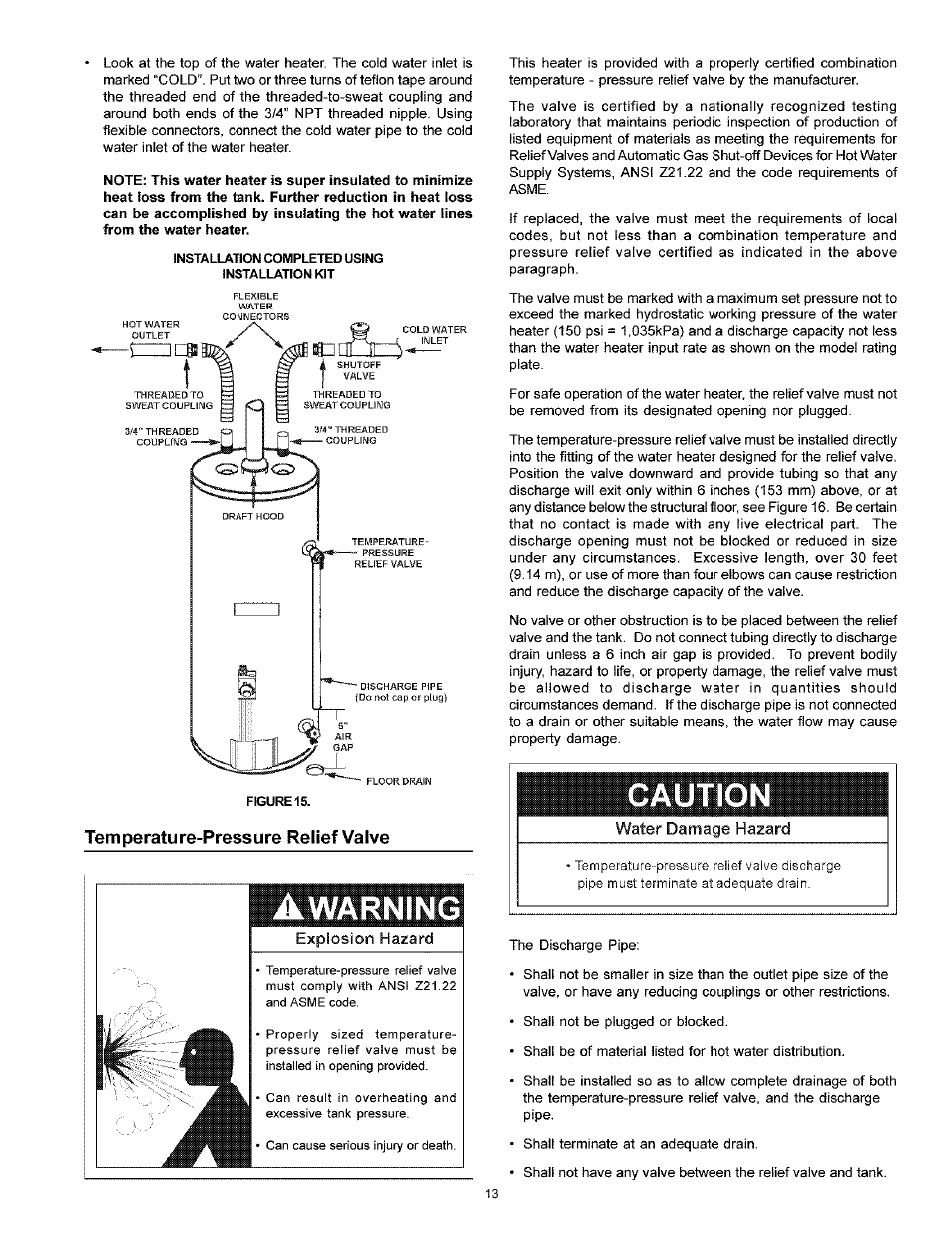 Temperature-pressure relief valve, Caution, Warning | Kenmore POWER MISER 153.33616 User Manual | Page 13 / 32