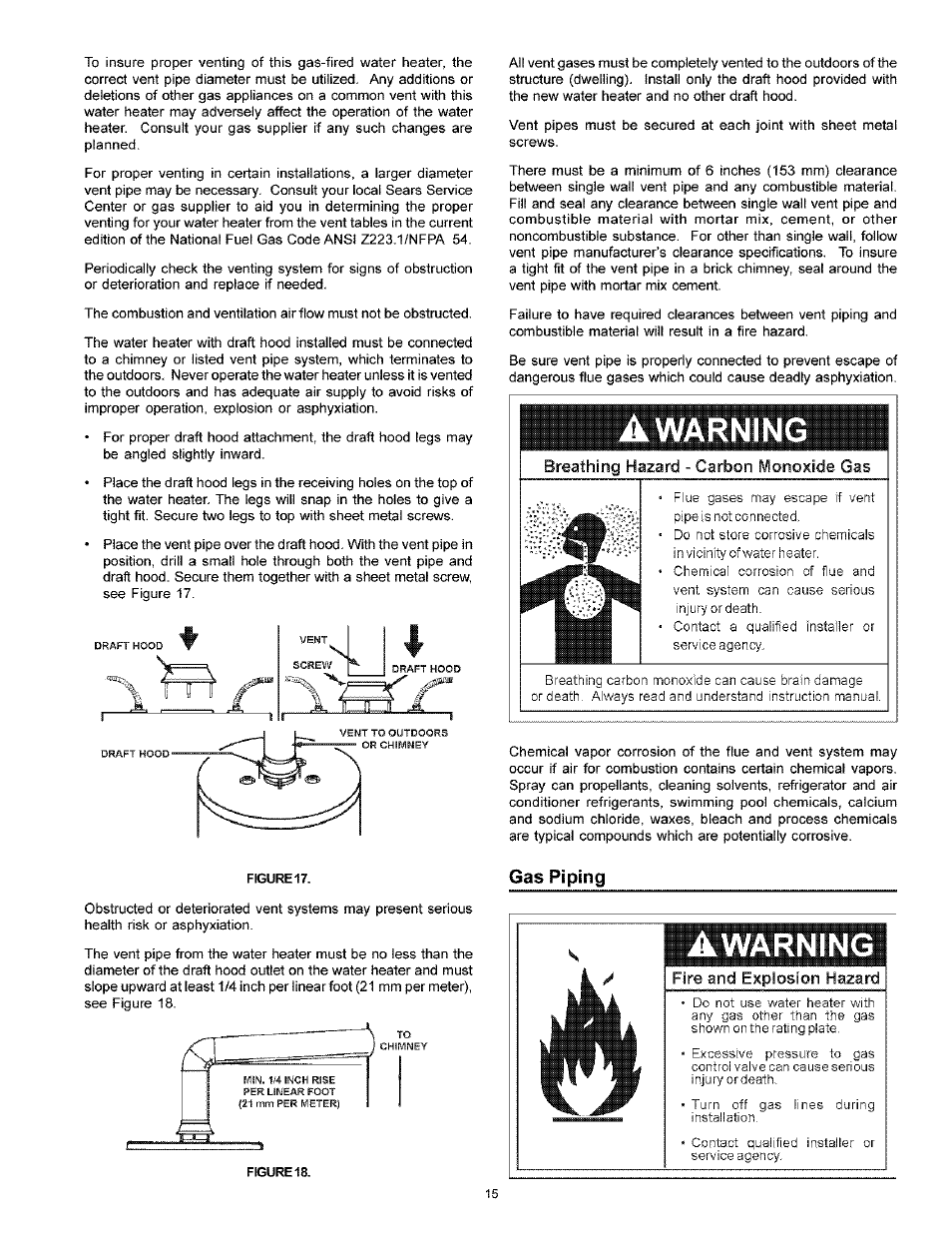 Gas piping, Awarning, Warning | Kenmore POWER MISER 153.33616 User Manual | Page 15 / 32