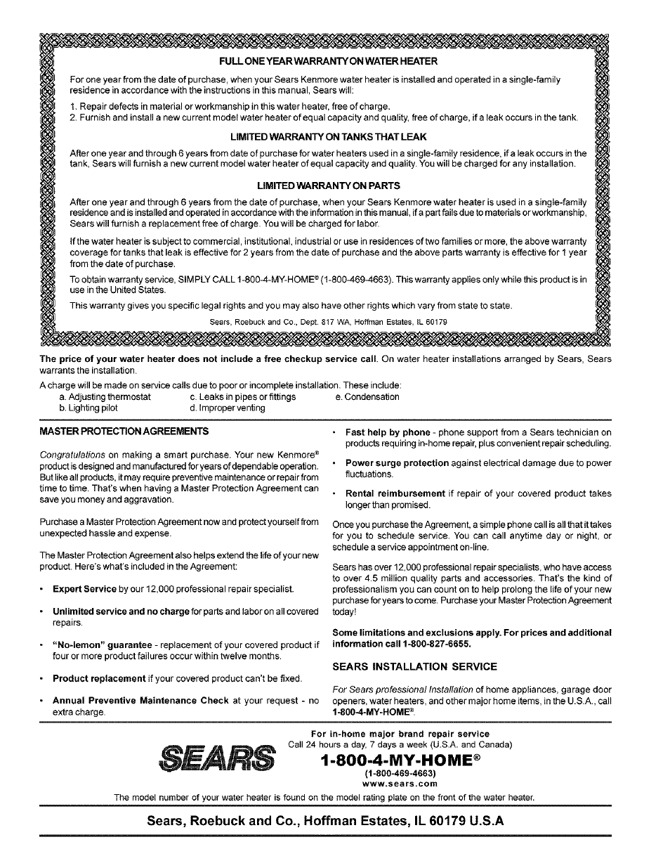 Full one year warranty on water heater, Limited warranty on tanks "mat leak, Limited warranty on parts | Master protection agreements, Sears installation service, 4-my-home | Kenmore POWER MISER 153.33616 User Manual | Page 32 / 32