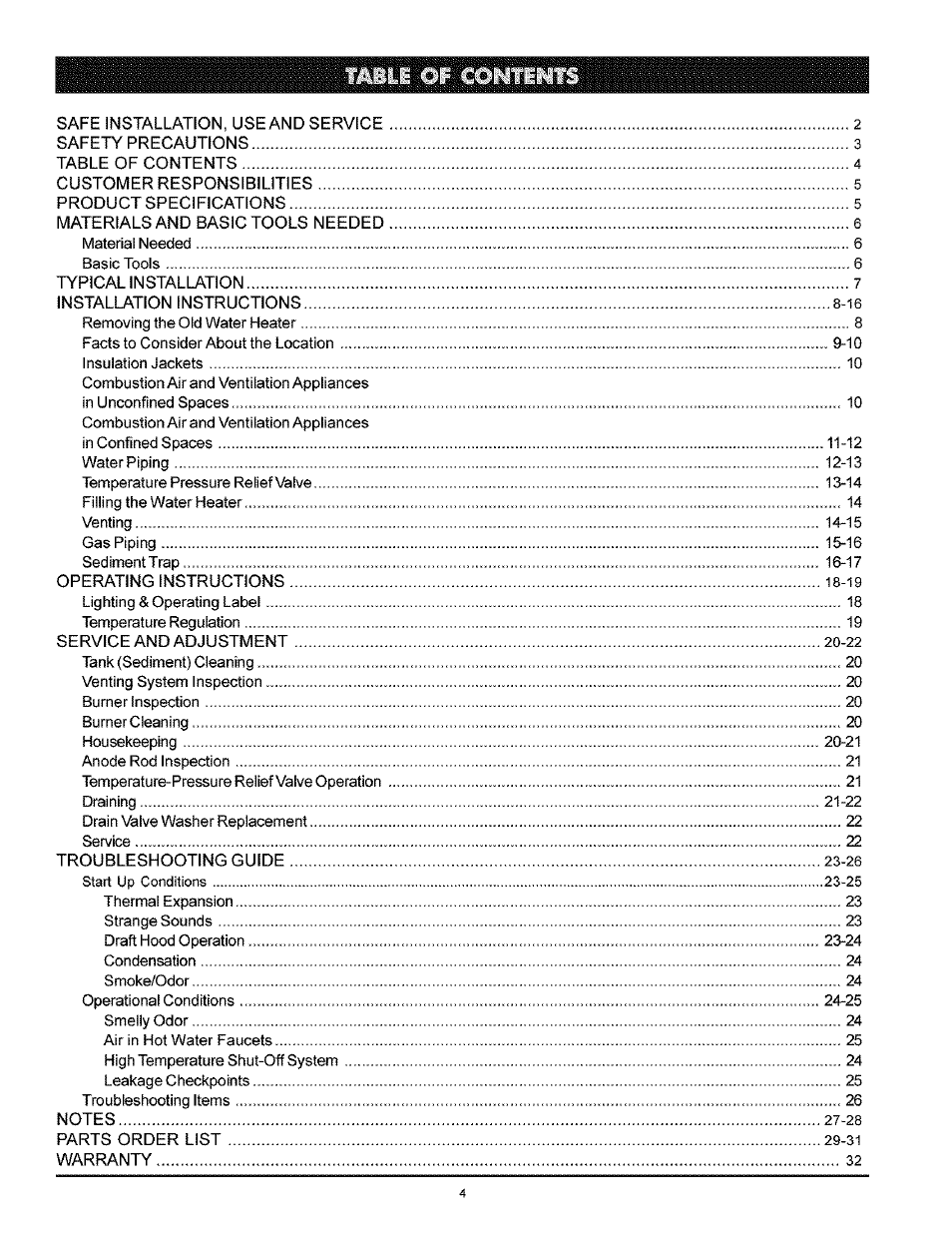 Îabli of conîenïs | Kenmore POWER MISER 153.33616 User Manual | Page 4 / 32