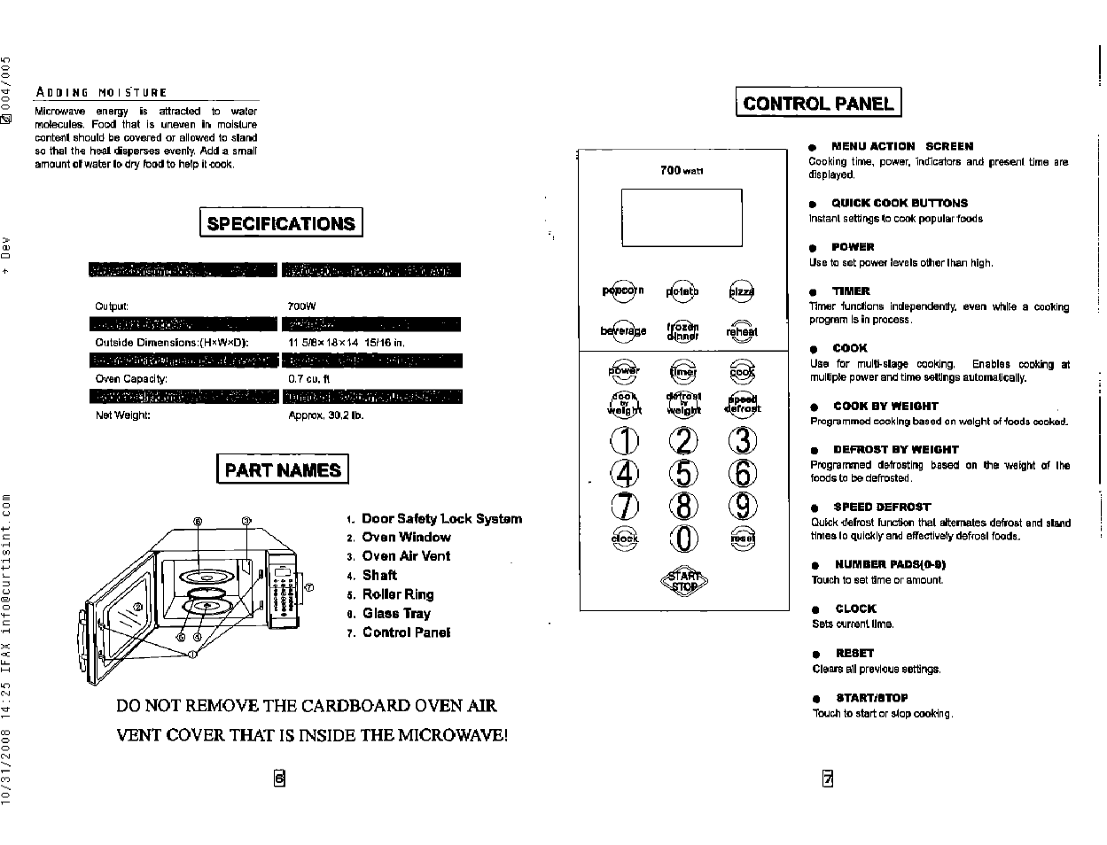 Door safety lock system, Oven window, Oven air vent | Shaft, Roller ring a. glass tray, Control panee, Specifications, Part names | Kenmore 87133 User Manual | Page 7 / 13