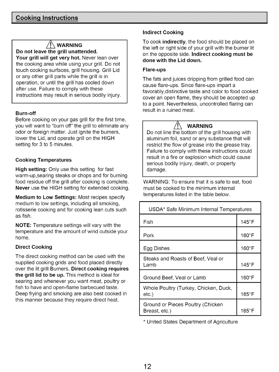 Burn-off, Cooking temperatures, Indirect cooking | Cooking instructions | Kenmore 122.161249 User Manual | Page 12 / 14