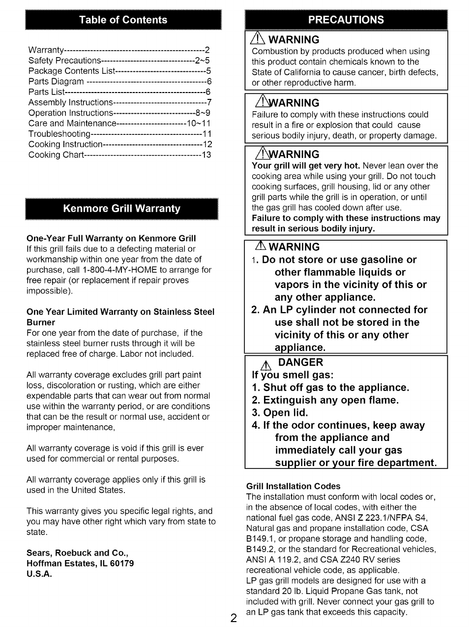 One-year full warranty on kenmore grill, Sears, roebuck and co, Grill installation codes | Kenmore 122.161249 User Manual | Page 2 / 14