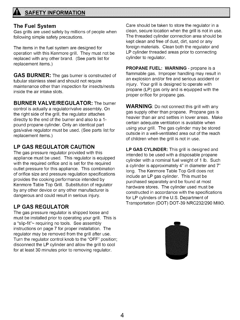 The fuel system, Lp gas regulator caution, Lp gas regulator | Safety information | Kenmore 122.161249 User Manual | Page 4 / 14