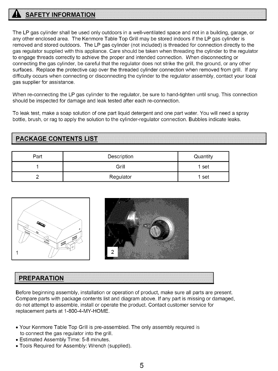 Package contents list, Preparation, Safety information | Kenmore 122.161249 User Manual | Page 5 / 14